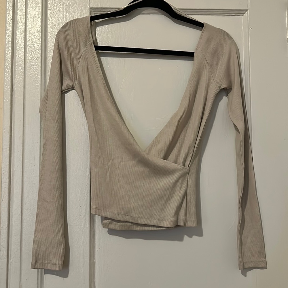Zara women’s ribbed wrap style long sleeve top, cream. Size S